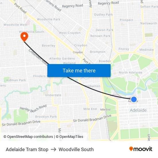 Adelaide Tram Stop to Woodville South map