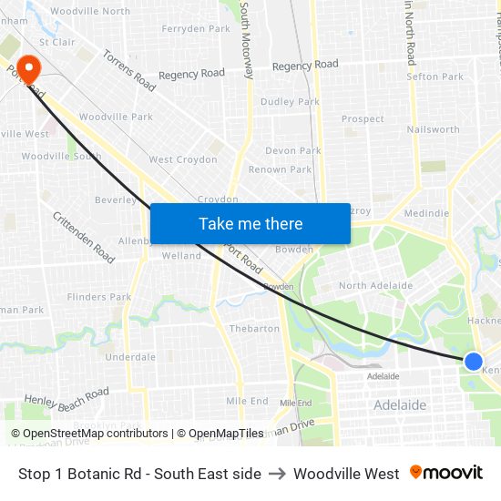 Stop 1 Botanic Rd - South East side to Woodville West map