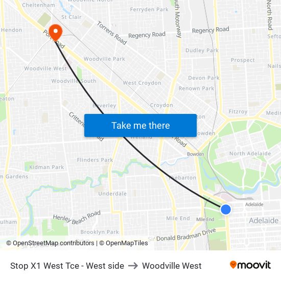 Stop X1 West Tce - West side to Woodville West map