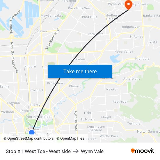 Stop X1 West Tce - West side to Wynn Vale map