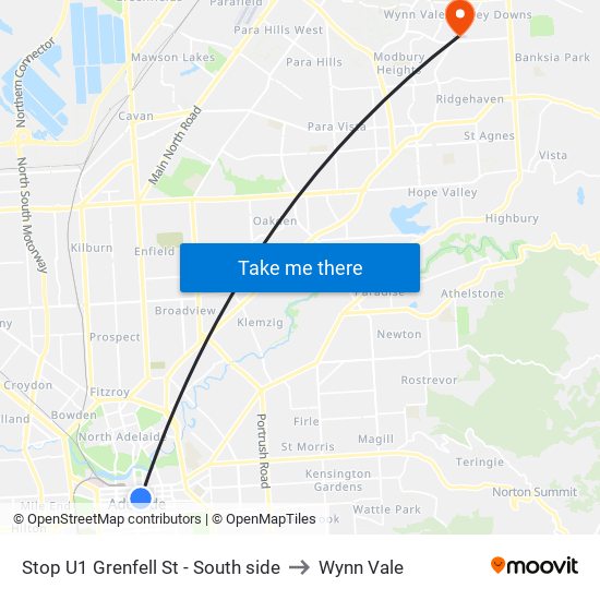 Stop U1 Grenfell St - South side to Wynn Vale map