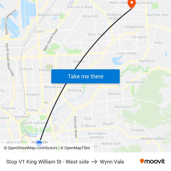 Stop V1 King William St - West side to Wynn Vale map