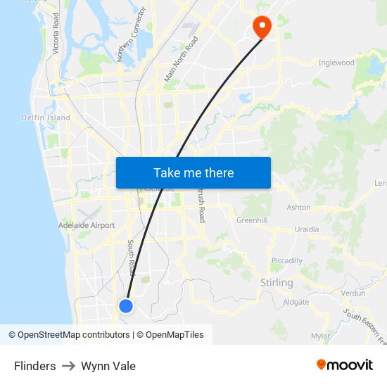 Flinders to Wynn Vale map