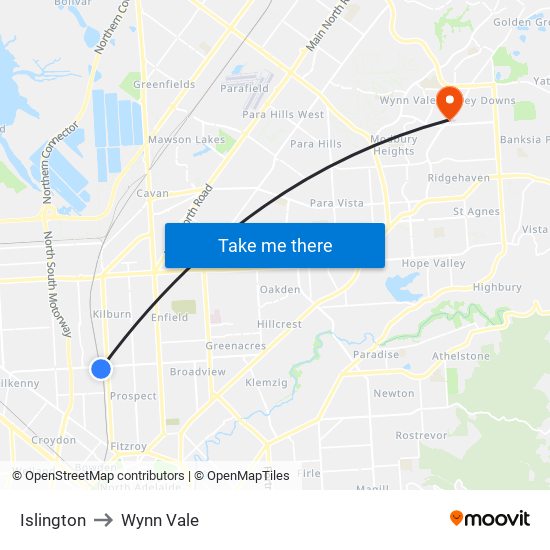 Islington to Wynn Vale map