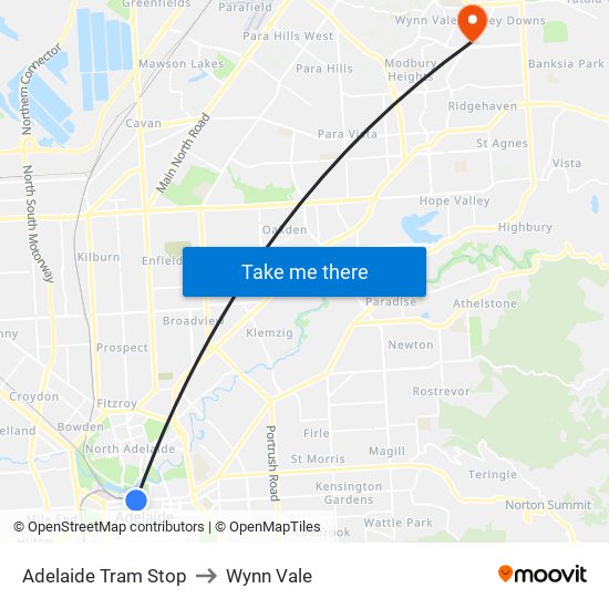 Adelaide Tram Stop to Wynn Vale map