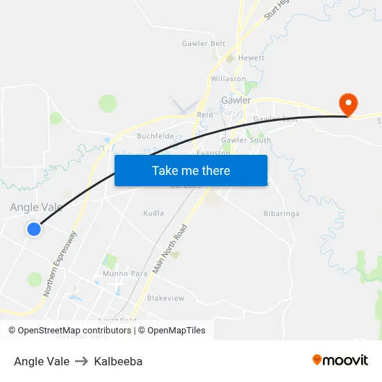 Angle Vale to Kalbeeba map