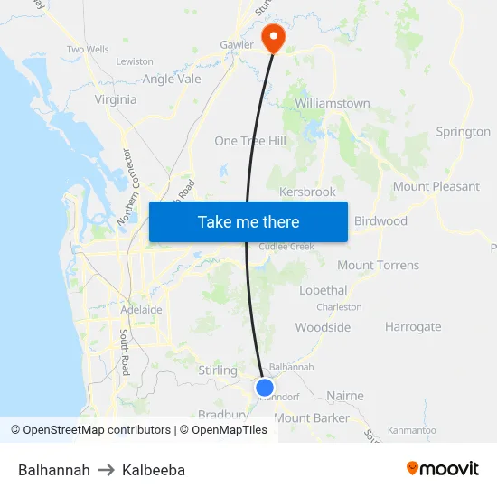 Balhannah to Kalbeeba map