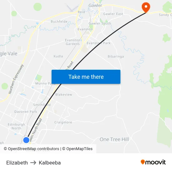 Elizabeth to Kalbeeba map