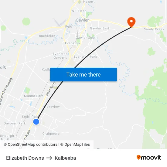 Elizabeth Downs to Kalbeeba map