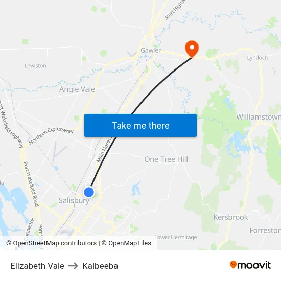 Elizabeth Vale to Kalbeeba map
