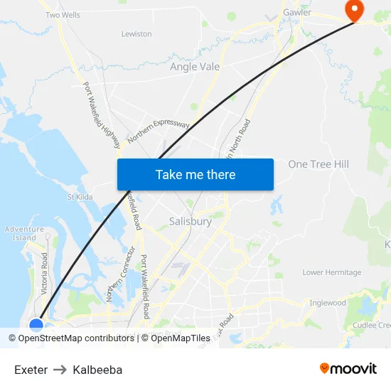 Exeter to Kalbeeba map