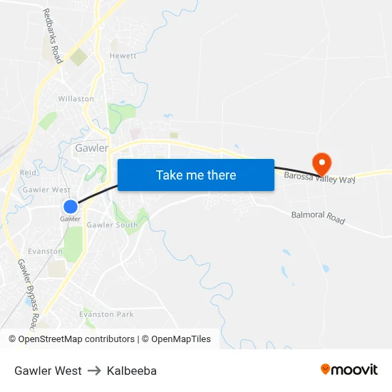 Gawler West to Kalbeeba map