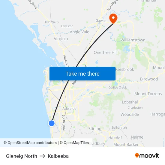 Glenelg North to Kalbeeba map