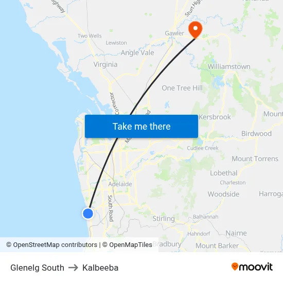 Glenelg South to Kalbeeba map