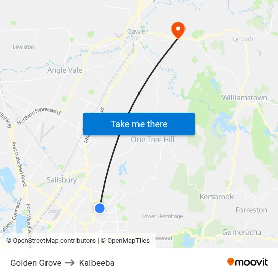 Golden Grove to Kalbeeba map