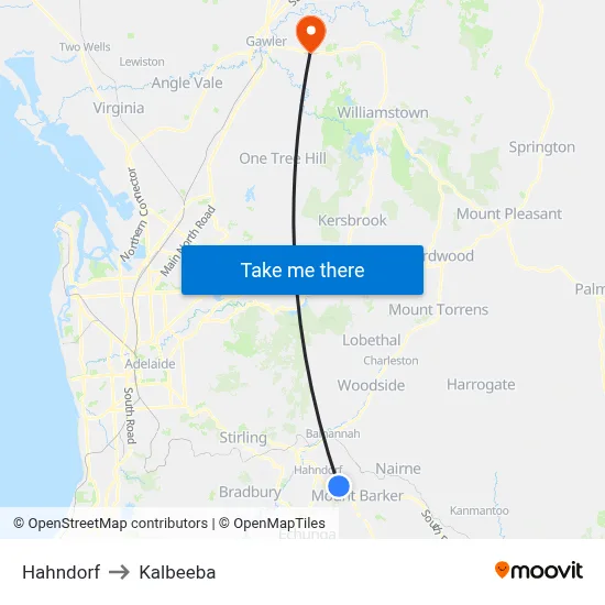 Hahndorf to Kalbeeba map