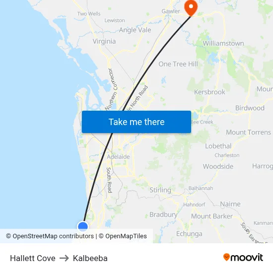 Hallett Cove to Kalbeeba map