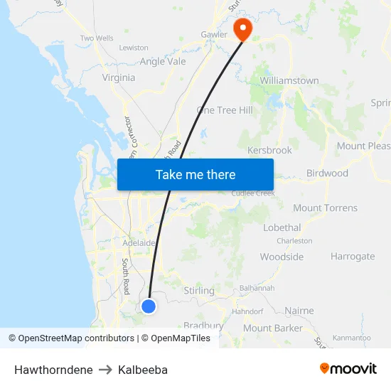 Hawthorndene to Kalbeeba map