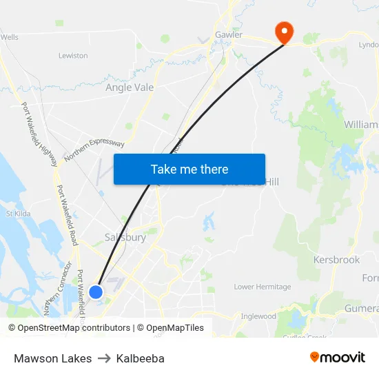 Mawson Lakes to Kalbeeba map