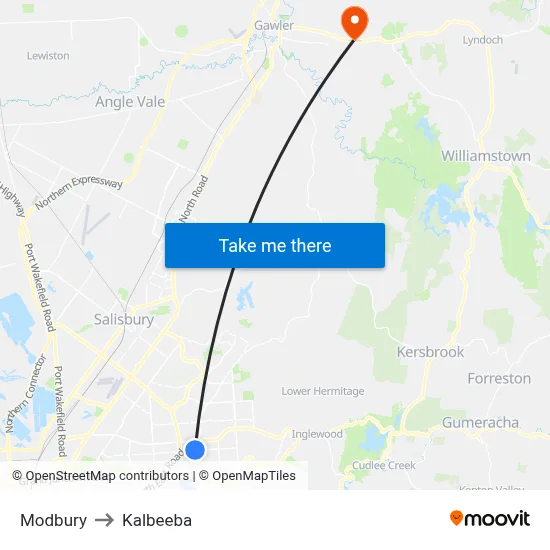 Modbury to Kalbeeba map