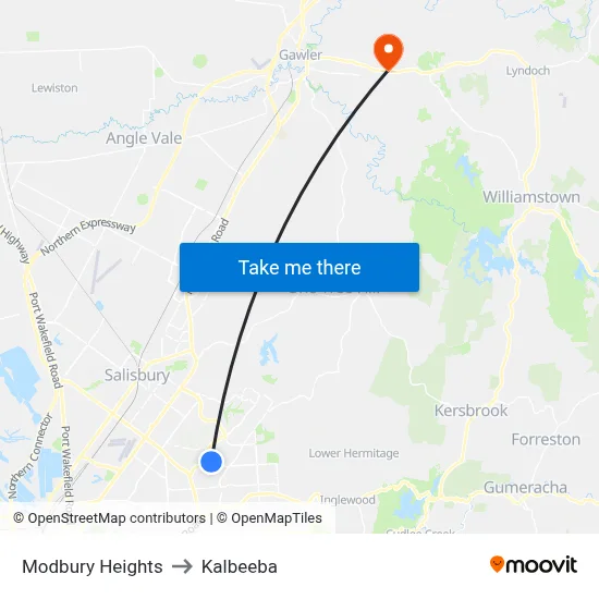 Modbury Heights to Kalbeeba map