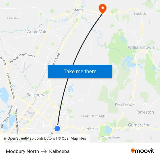 Modbury North to Kalbeeba map