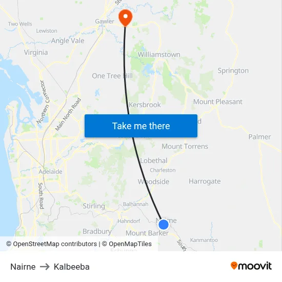 Nairne to Kalbeeba map