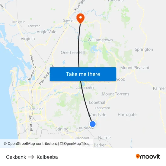 Oakbank to Kalbeeba map