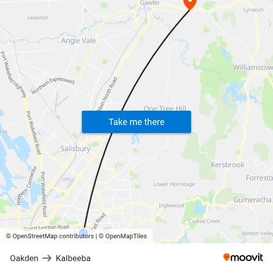Oakden to Kalbeeba map