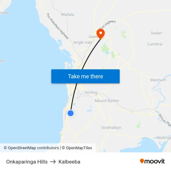 Onkaparinga Hills to Kalbeeba map