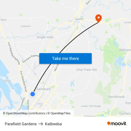Parafield Gardens to Kalbeeba map