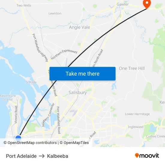 Port Adelaide to Kalbeeba map