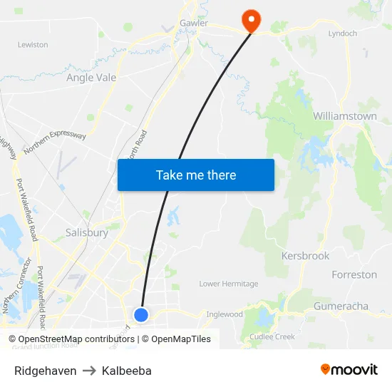 Ridgehaven to Kalbeeba map
