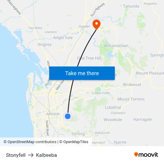 Stonyfell to Kalbeeba map