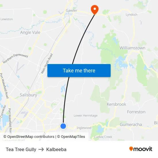 Tea Tree Gully to Kalbeeba map