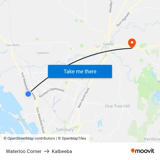 Waterloo Corner to Kalbeeba map