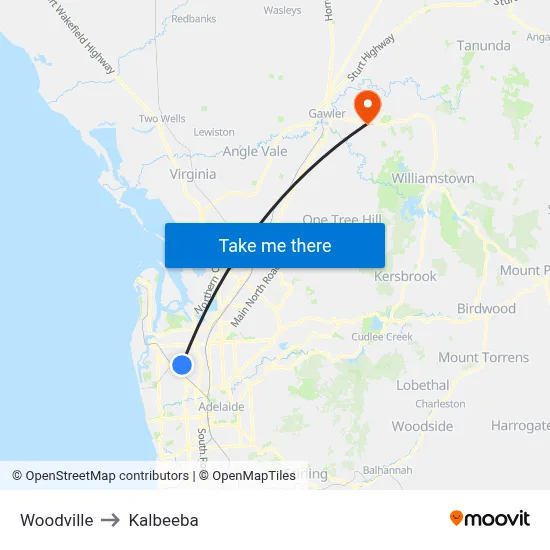 Woodville to Kalbeeba map