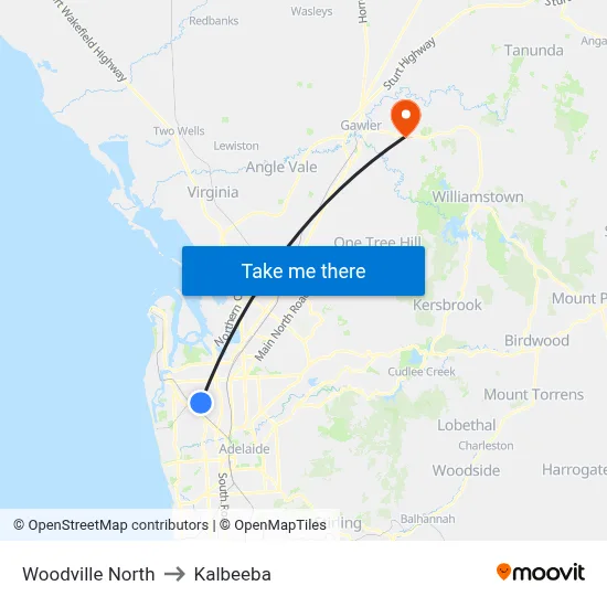 Woodville North to Kalbeeba map