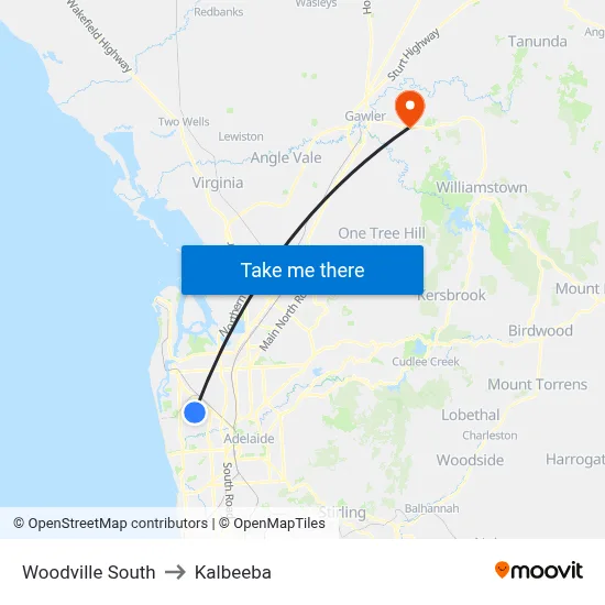 Woodville South to Kalbeeba map