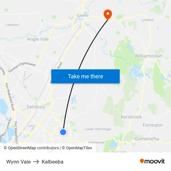 Wynn Vale to Kalbeeba map