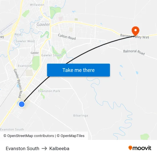 Evanston South to Kalbeeba map