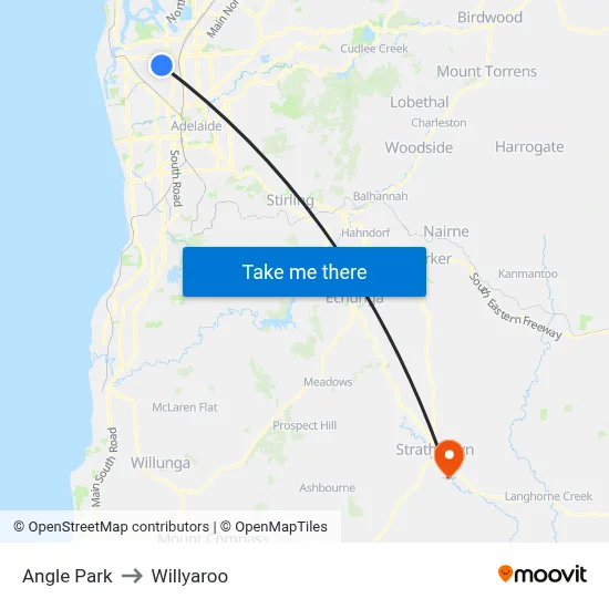 Angle Park to Willyaroo map