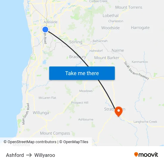 Ashford to Willyaroo map