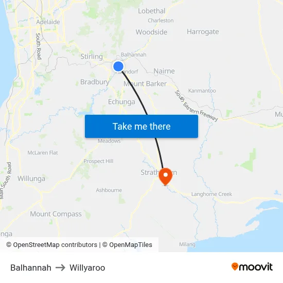 Balhannah to Willyaroo map