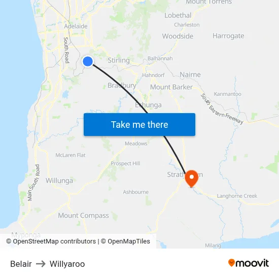 Belair to Willyaroo map