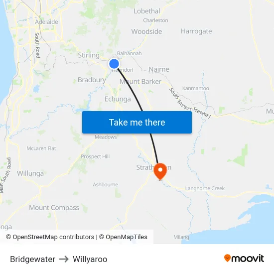 Bridgewater to Willyaroo map