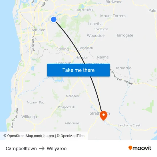 Campbelltown to Willyaroo map