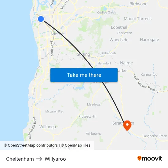 Cheltenham to Willyaroo map