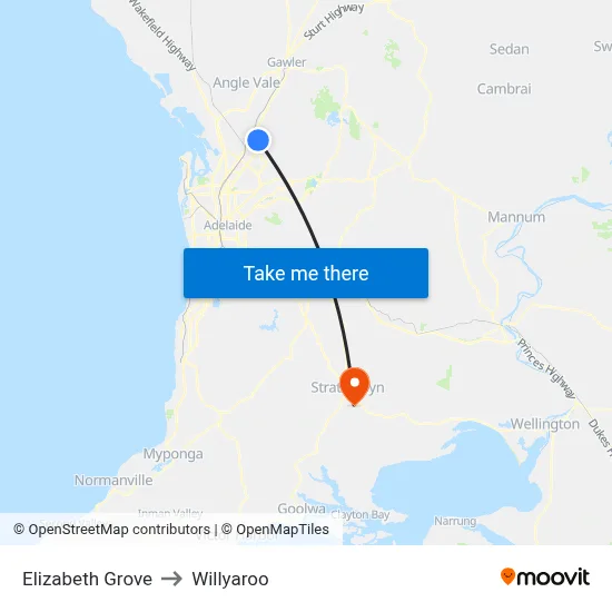 Elizabeth Grove to Willyaroo map