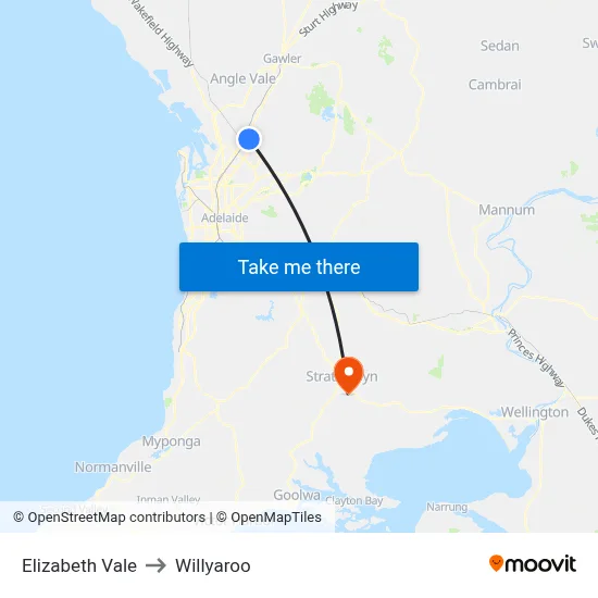 Elizabeth Vale to Willyaroo map